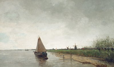 A river landscape with vessels, a city beyond by Theophile de Bock