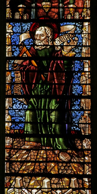 Window depicting the Apostle St Thomas with Creed scroll by Thiebaut de Lixheim