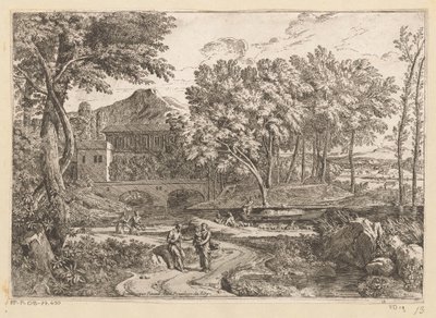 Arcadian Landscape with a Herd of Goats by the Water and a Mother with Child on a Path with Other Figures by Théodore