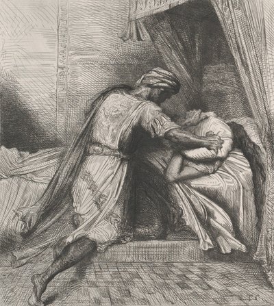 He smothers her: plate 13 from Othello Act 5, Scene 2, etched 1844, reprinted 1900 by Théodore Chassériau