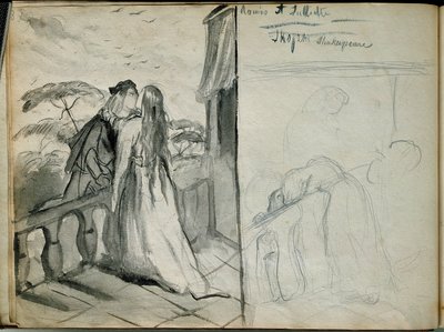 Romeo and Juliet Illustration of the piece of the same name by William Shakespeare (1564-1616) representing lovers kissing on the balcony. Sketch by Theodore Chasseriau (1819-1856) Paris. Louvre Museum by Théodore Chassériau