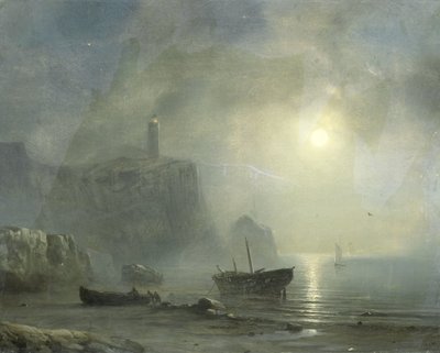 View of a Rocky Coast by Moonlight by Théodore Gudin (attributed to)