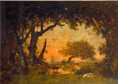 Exit of the Forest in Fontainebleau, Sunset by Pierre Etienne Theodore Rousseau