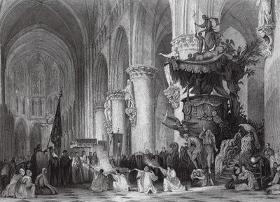 Cathedral of St Gudule, with celebrated Carved Pulpit, Brussels by Thomas (after) Allom