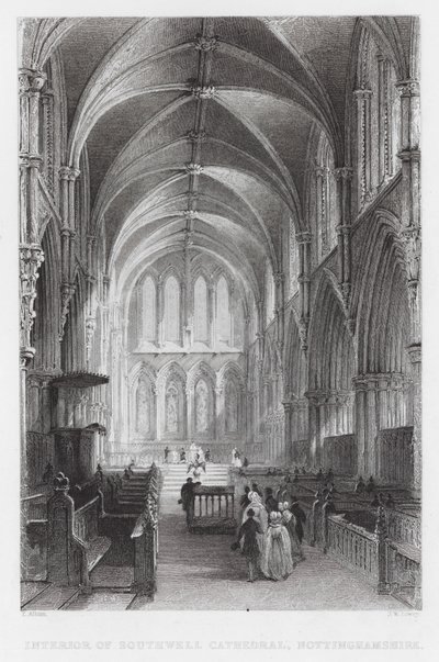 Interior of Southwell Cathedral, Nottinghamshire by Thomas (after) Allom
