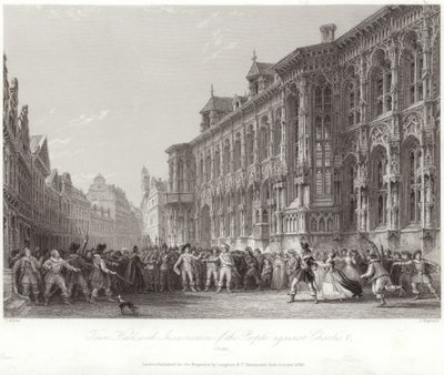 Town Hall with Insurrection of the People against Charles V by Thomas Allom