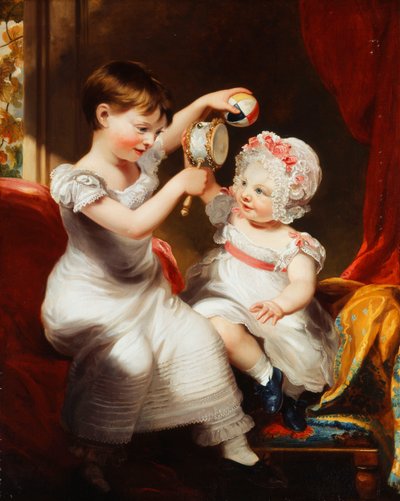 Two Sisters, seated full-length in an Interior, Playing by Thomas Barber