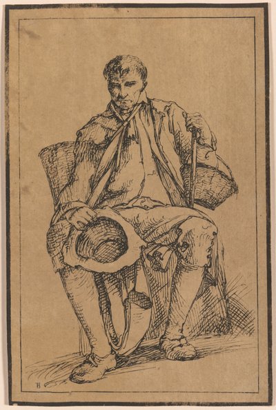 Forty Lithographic Impressions from Drawings of Landscape Scenery by Thomas Barker, Selected from His Studies of Rustic Figures after Nature: Seated Man with Baskets Holding Hat and Walking Stick by Thomas Barker