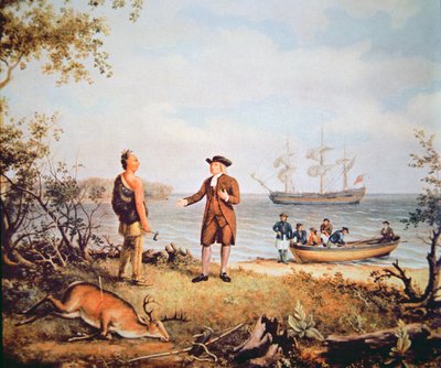 William Penn arrives in America for the first time and meets a Native American in 1682 by Thomas Birch