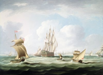 A First Rate with a Vice-Admiral of the White Board and other Craft in Cadiz Bay by Thomas Buttersworth