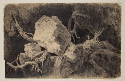 Hunter Standing in Cave near Rock and Waterfall by Thomas Cole