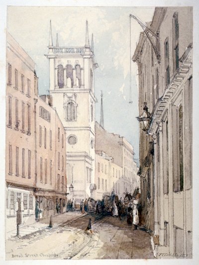 View of All Hallows Church, Buildings and Figures on Bread Street, City of London, 1851 by Thomas Colman Dibdin