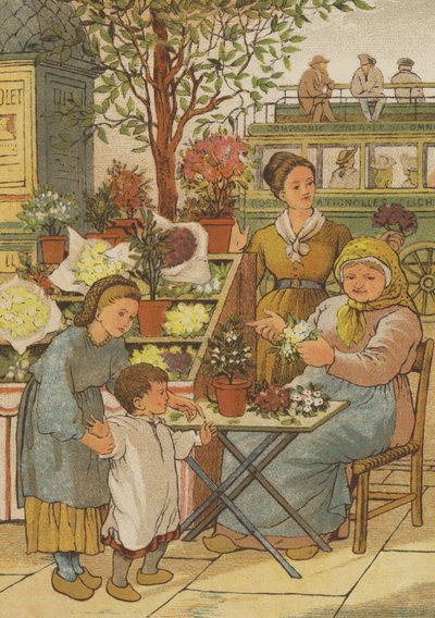 Paris: a flower stall (color lithograph) by Thomas Crane