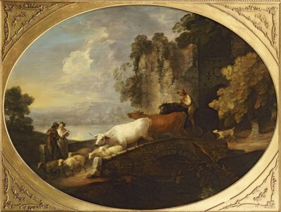 A River Landscape with Rustic Lovers, a Mounted Herdsman Driving Cattle and Sheep over a Bridge with a Ruined Castle Beyond by Thomas Gainsborough