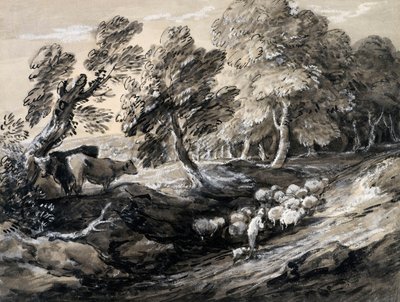 A Shepherd Driving a Flock of Sheep through a Wood by Thomas Gainsborough