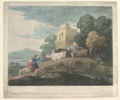 Wooded Landscape with Herdsmen Driving Cattle over a Bridge, Rustic Lovers and Ruined Castle by Thomas Gainsborough