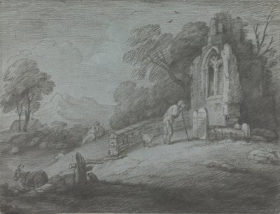Wooded Landscape with Peasant Reading Tombstone, Rustic Lovers and Ruined Church by Thomas Gainsborough