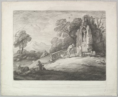 Wooded Landscape with a Peasant Reading a Tombstone, Rustic Lovers and a Ruined by Thomas Gainsborough