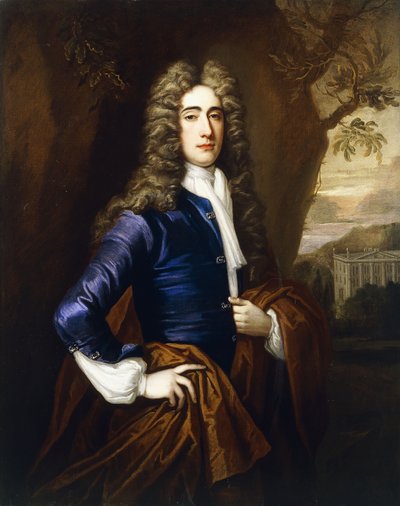Portrait of a Gentleman, Aged 37, Three-Quarter Length, in a Blue Coat and a Brown Cloak, with a House in the Style of Smith of Warwick in the Background, 1710 by Thomas Gibson