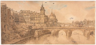 A Selection of Twenty of the Most Picturesque Views in Paris: View of Pont au Change, the City Theatre, Pont Neuf, Conciergerie Prison, and taken from Pont Notre Dame by Thomas Girtin