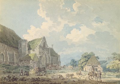 The Tithe Barn at Abbotsbury with the Abbey on the Hill, c.1795 by Thomas Girtin