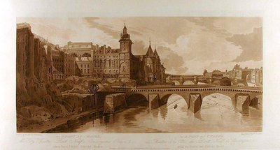 View of Pont au Change, the City Theatre, Pont Neuf, Conciergerie Prison, etc., taken from Pont Notre-Dame by Thomas Girtin