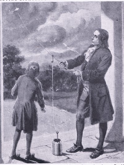Franklin proving lightning and electrical phenomenon, illustration from 