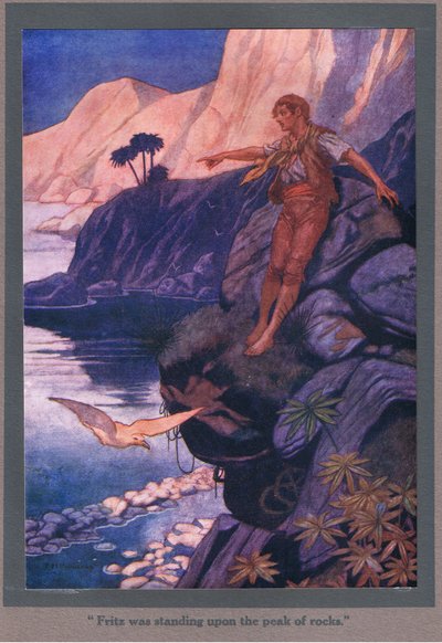 Fritz was standing upon the peak of the rocks by Thomas Heath Robinson