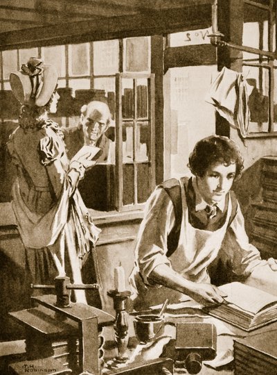 Michael Faraday as an apprentice to a bookseller reading an encyclopedia by Thomas Heath Robinson