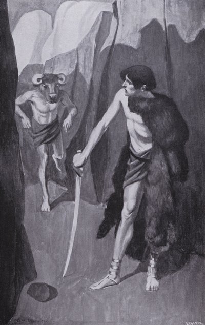 Theseus met the Minotaur in a narrow chasm by Thomas Heath Robinson