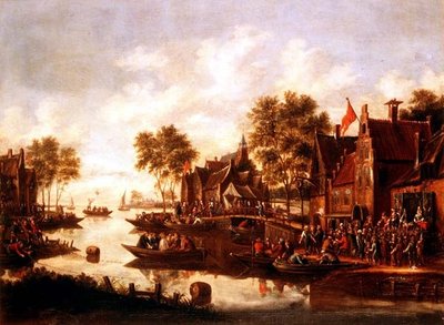 A Village Kermesse with Players on a Stage by an Inn and Men Drinking in Boats by Thomas Heeremans