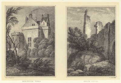 Merchiston Tower; Roslyn Castle by Thomas Hosmer (after) Shepherd