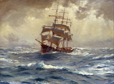 A ship with 4 masts haunted before the storm, this type of boat was used to trade grain and nitrate from South America, around Cape Horn (Chile) by Thomas J. Somerscales