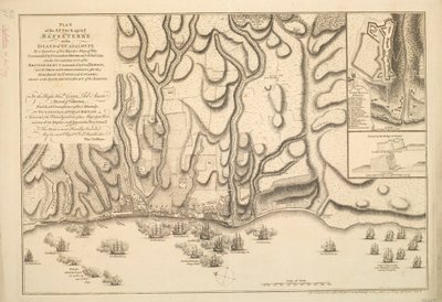 Plan of the Attack against Basseterre on the Island of Guadeloupe by a Squadron of His Majesty’s Ships of War Commanded by Commodore Moore on 22nd January 1759, also the Encampments of the British Army Commanded by General Hopson by Thomas Jefferys