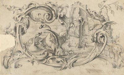 Design for a Tablet for a Chimney-Piece with Two Swans in Combat, Enclosed within a Scroll by Thomas Johnson