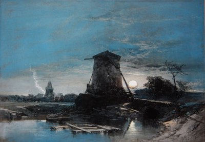 A Moonlit Dutch Landscape by Thomas Leeson the Elder Rowbotham