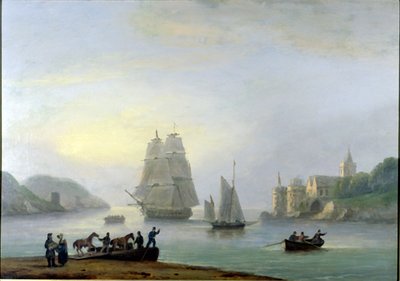 A Brig Entering Dartmouth Harbour, with a Ferry in the Foreground, 1828 by Thomas Luny