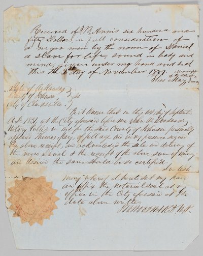 Bill of Sale for a Man Named Daniel to Jerome B. Annis by Thomas May