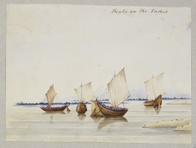 Boats on the Indus, Album of drawings and lithographs depicting costume, occupations, scenery and buildings in Sind, Cutch and Bombay by Thomas Postans