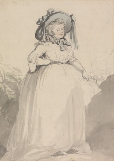 A Lady in a White Dress, Wearing a Blue Hat by Thomas Rowlandson