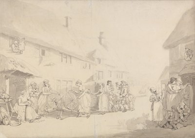 A Village Scene with Girls Spinning by Thomas Rowlandson