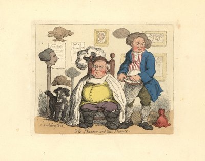 Barber and customer in a barbershop decorated with wigs by Thomas Rowlandson