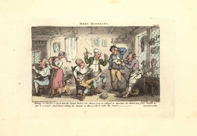 Barber cutting his thumb trying to shave a customer by Thomas Rowlandson
