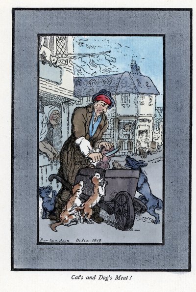 Butcher itinerant cutting a piece of meat, said that dogs and cats attack the wheel of his wheelbarrow. Wood engraving, based on a painting by Thomas Rowlandson by Thomas Rowlandson