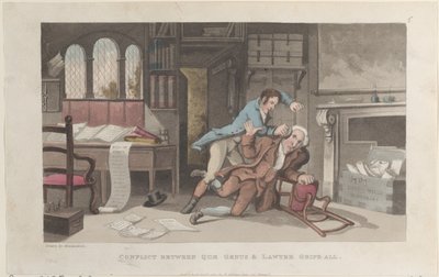 Conflict Between Quae Genus and Lawyer Gripe-all, from The History of Johnny Q, October 1, 1821 by Thomas Rowlandson