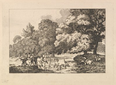 Deer Hunting – A Landscape Scene with Stag and Hounds in a River by Thomas Rowlandson