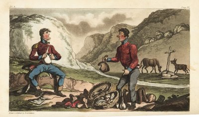 Ensign Johnny Newcome and His Subaltern Eating Breakfast of Ham, Beef, Biscuit and Brandy on a Roadside in Portugal by Thomas Rowlandson
