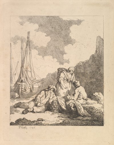 Fishermen by the Shore - Coastal Scene with a Man Sitting on the Ground Resting an Elbow on His Knee by Thomas Rowlandson