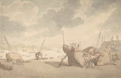 Harbor scene with the tide out, and beached boats by Thomas Rowlandson