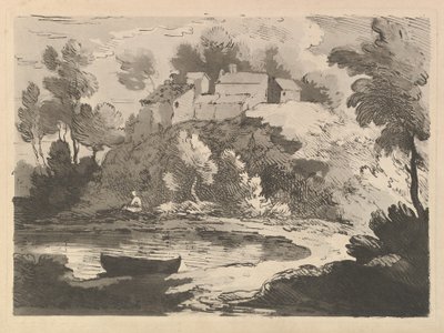 Hilly River Landscape, a Boat in the Water at Foreground Left, a Figure on the Far Shore... by Thomas Rowlandson